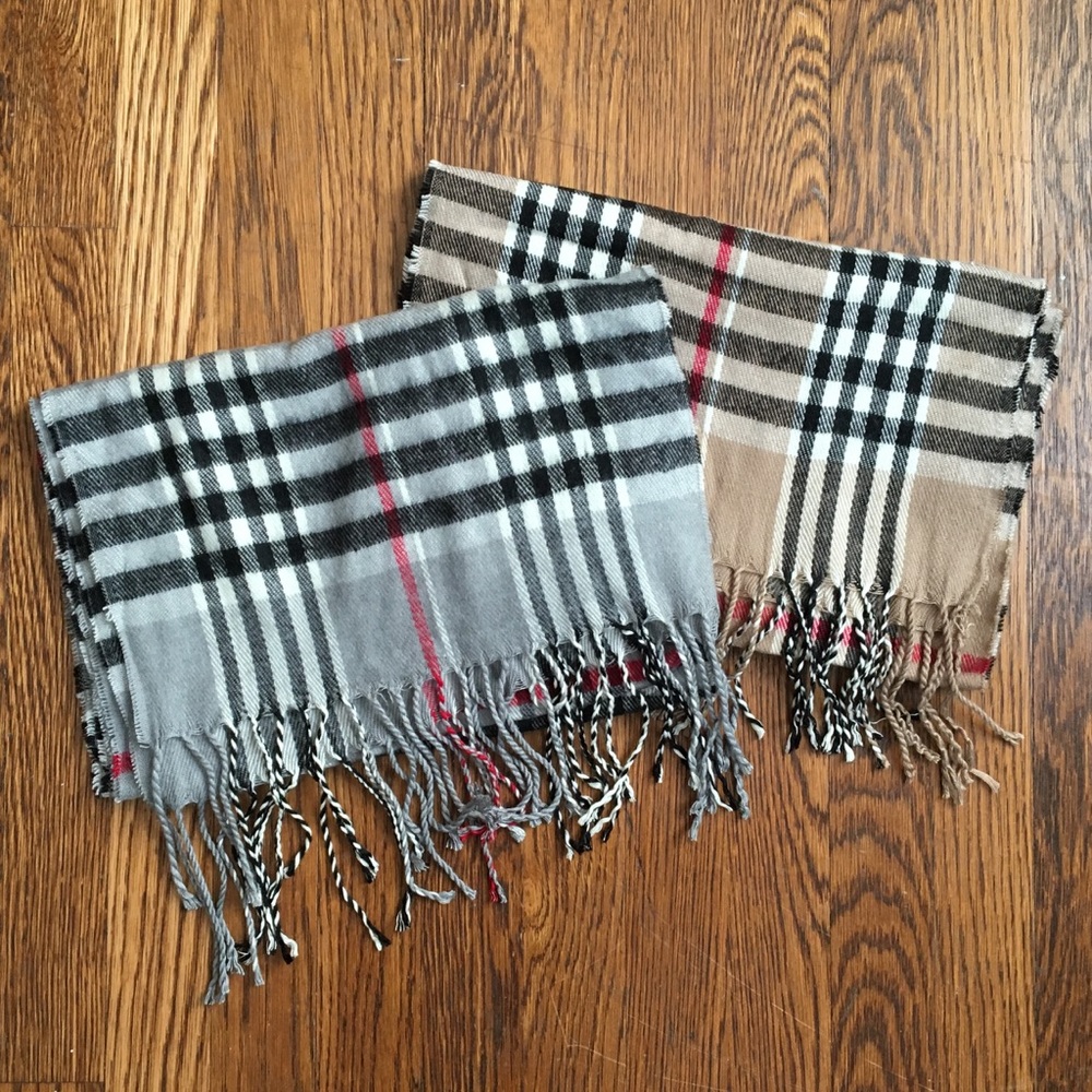 2 scarves lot plaid check tan gray red black white
